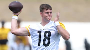 Jul 24, 2025; Latrobe, PA, USA;  Pittsburgh Steelers quarterback Will Howard (18) participates in drills during training camp at Saint Vincent College. Mandatory Credit: Charles LeClaire-Imagn Images