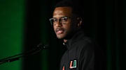 Oct 8, 2025; Charlotte, NC, USA; Miami head coach Jai Lucas answers questions from the media at The Hilton Charlotte Uptown. Mandatory Credit: William Howard-Imagn Images