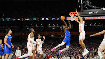 Apr 7, 2025; San Antonio, TX, USA; Florida Gators guard Denzel Aberdeen (11) shoots the ball against the Houston Cougars during the second half of the national championship game of the Final Four of the 2025 NCAA Tournament at the Alamodome. Mandatory Credit: Bob Donnan-Imagn Images