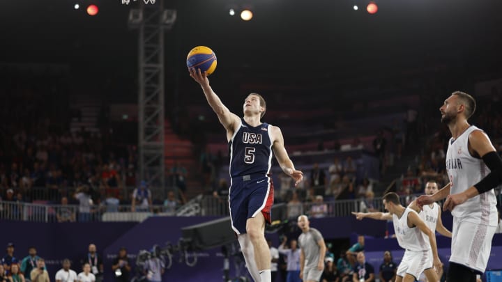 Jul 30, 2024; Paris, France; United States player Jimmer Fredette (5) shoots against Serbia in the men’s pool basketball 3x3 game during the Paris 2024 Olympic Summer Games at La Concorde 1. Mandatory Credit: Yukihito Taguchi-USA TODAY Sports