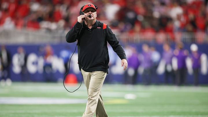 Dec 3, 2022; Atlanta, GA, USA; Georgia Bulldogs head coach Kirby Smart looks on during the second quarter against the LSU Tigers at Mercedes-Benz Stadium. Mandatory Credit: Brett Davis-USA TODAY Sports