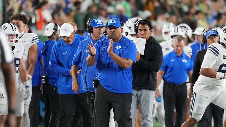 Sep 19, 2026; Fort Collins, Colorado, USA;  BYU Cougars head coach Kalani Sitake reacts on the sidelines against the Colorado State Rams in the second half at Sonny Lubick Field at Canvas Stadium.  Mandatory Credit: Andrew Rydland-Imagn Images