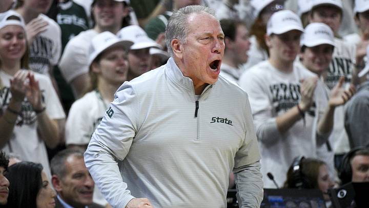 Jan 24, 2026; East Lansing, Michigan, USA;  Michigan State Spartans head coach Tom Izzo reacts during the first half against the Maryland Terrapins at Jack Breslin Student Events Center. Mandatory Credit: Dale Young-Imagn Images