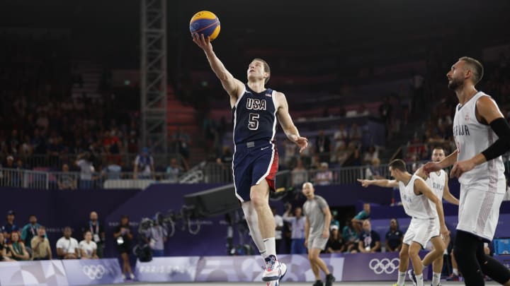 Jul 30, 2024; Paris, France; United States player Jimmer Fredette (5) shoots against Serbia in the men’s pool basketball 3x3 game during the Paris 2024 Olympic Summer Games at La Concorde 1. Mandatory Credit: Yukihito Taguchi-USA TODAY Sports