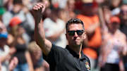Aug 10, 2024; San Francisco, California, USA; Former San Francisco Giants player Buster Posey acknowledges the crowd during a ceremony celebrating the Giants' 2014 World Series championship team before the game against the Detroit Tigers at Oracle Park. Mandatory Credit: Robert Edwards-Imagn Images