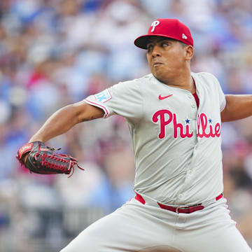 Aug 24, 2024; Kansas City, Missouri, USA; Philadelphia Phillies starting pitcher Ranger Suarez (55) pitches during the first inning against the Kansas City Royals at Kauffman Stadium. 