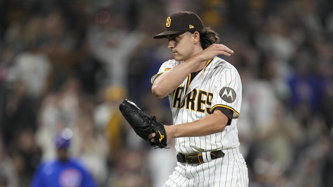 Jun 3, 2023; San Diego, California, USA;  San Diego Padres relief pitcher Brent Honeywell (45) reacts at the end of the game against the Chicago Cubs  at Petco Park. Mandatory Credit: Ray Acevedo-USA TODAY Sports