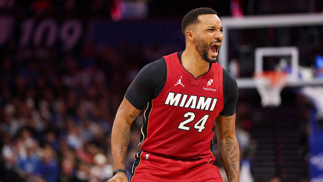 Dec 5, 2025; Orlando, Florida, USA; Miami Heat guard Norman Powell (24) reacts after a basket against the Orlando Magic in the second quarter at Kia Center. Mandatory Credit: Nathan Ray Seebeck-Imagn Images