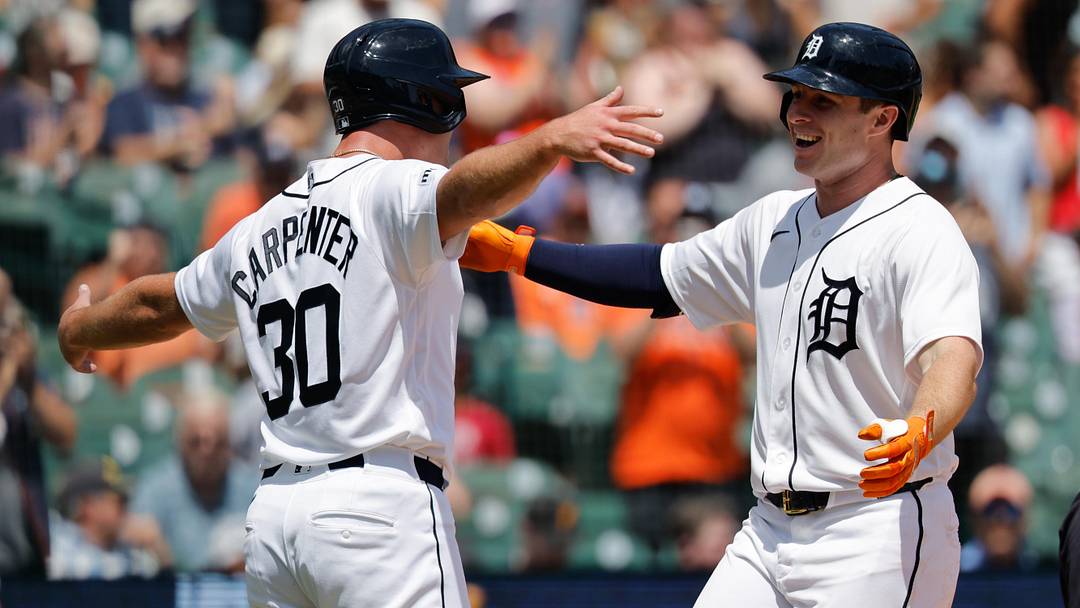 Detroit Tigers third baseman Colt Keith (33) receives congratulations from right fielder Kerry Carpenter (30) after he hits a two-run home run. Detroit Tigers third baseman Colt Keith (33) receives congratulations from right fielder Kerry Carpenter (30) after he hits a two-run home run.