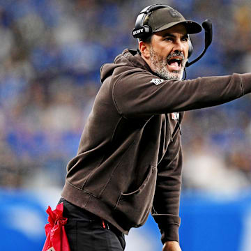 Sep 28, 2025; Detroit, Michigan, USA; Cleveland Browns head coach Kevin Stefanski reacts after the game against the Detroit Lions at Ford Field. Mandatory Credit: Lon Horwedel-Imagn Images
