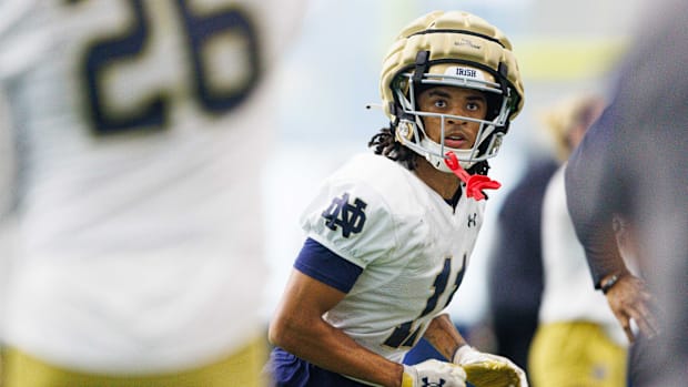 Notre Dame wide receiver KK Smith during a drill at football practice in 2024