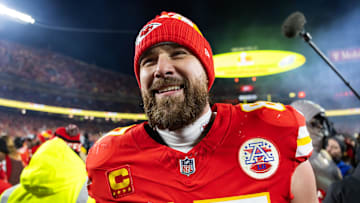 Jan 26, 2025; Kansas City, MO, USA; Kansas City Chiefs tight end Travis Kelce (87) celebrates after defeating the Buffalo Bills during the AFC Championship game at GEHA Field at Arrowhead Stadium. Mandatory Credit: Mark J. Rebilas-Imagn Images