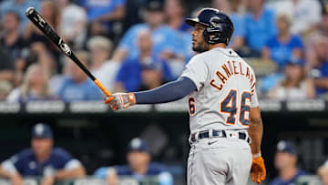 Sep 9, 2022; Kansas City, Missouri, USA; Detroit Tigers designated hitter Jeimer Candelario (46) watches after hitting a three-run home run against the Kansas City Royals during the second inning at Kauffman Stadium.