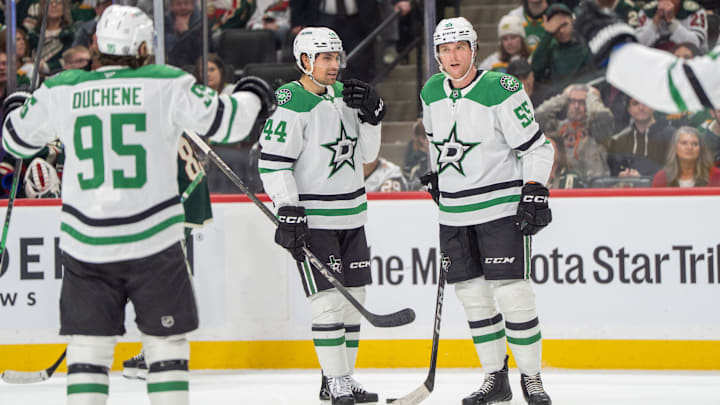 Apr 6, 2025; Saint Paul, Minnesota, USA; Dallas Stars defenseman Thomas Harley (55) is congratulated by teammates after scoring on the Minnesota Wild to tie the game in the third period at Xcel Energy Center. Mandatory Credit: Matt Blewett-Imagn Images