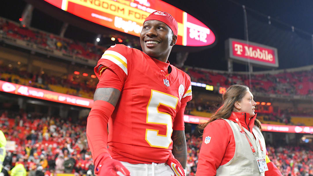 Dec 7, 2025; Kansas City, Missouri, USA; Kansas City Chiefs wide receiver Hollywood Brown (5) walks onto the field prior to the game against the Houston Texans at GEHA Field at Arrowhead Stadium. Mandatory Credit: Amy Kontras-Imagn Images