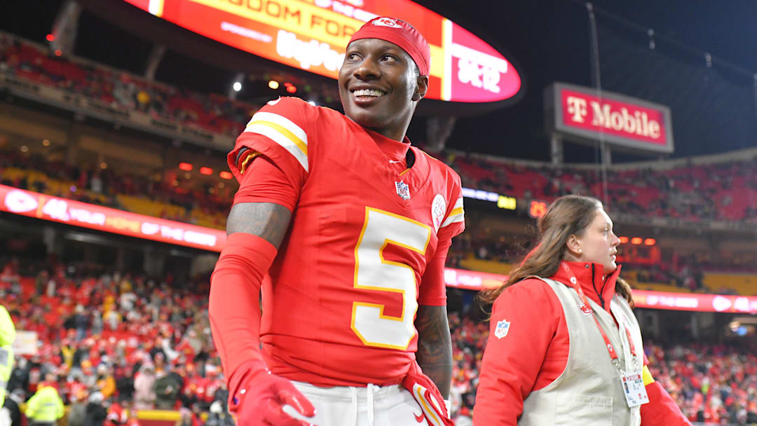 Dec 7, 2025; Kansas City, Missouri, USA; Kansas City Chiefs wide receiver Hollywood Brown (5) walks onto the field prior to the game against the Houston Texans at GEHA Field at Arrowhead Stadium. Mandatory Credit: Amy Kontras-Imagn Images