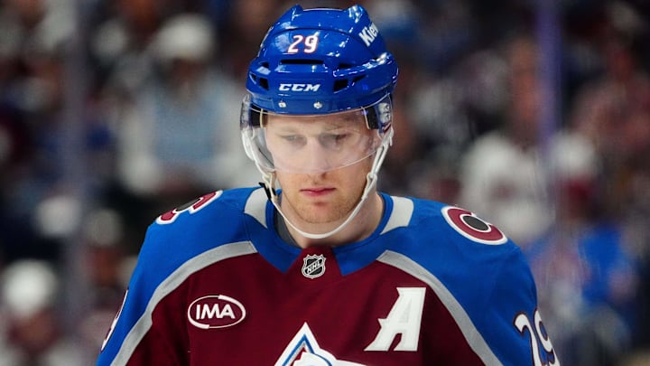 Apr 19, 2026; Denver, Colorado, USA; Colorado Avalanche center Nathan MacKinnon (29) during the first period against the Los Angeles Kings in game one of the first round of the 2026 Stanley Cup Playoffs at Ball Arena. Mandatory Credit: Ron Chenoy-Imagn Images