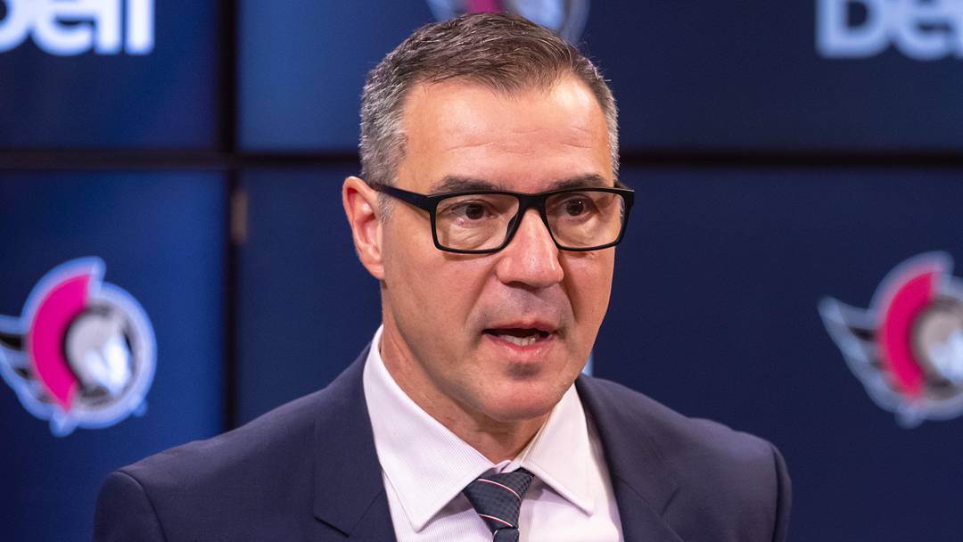 Jan 12, 2025; Ottawa, Ontario, CAN; President of Hockey Operations and General Manager Steve Staios speaks to the media prior to match between the Dallas Stars and the  Ottawa Senators at the Canadian Tire Centre. Mandatory Credit: Marc DesRosiers-Imagn Images