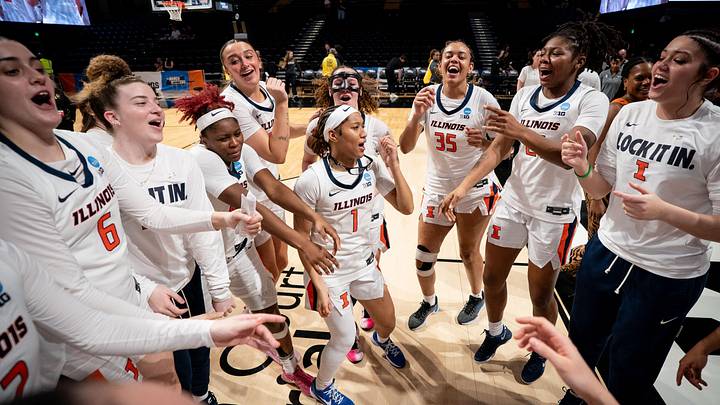 Illinois guard Aaliyah Guyton (1) celebrates defeating Colorado with her team in the first round of the NCAA college basketball tournament at Memorial Gym in Nashville, Tenn., Saturday, March 21, 2026.