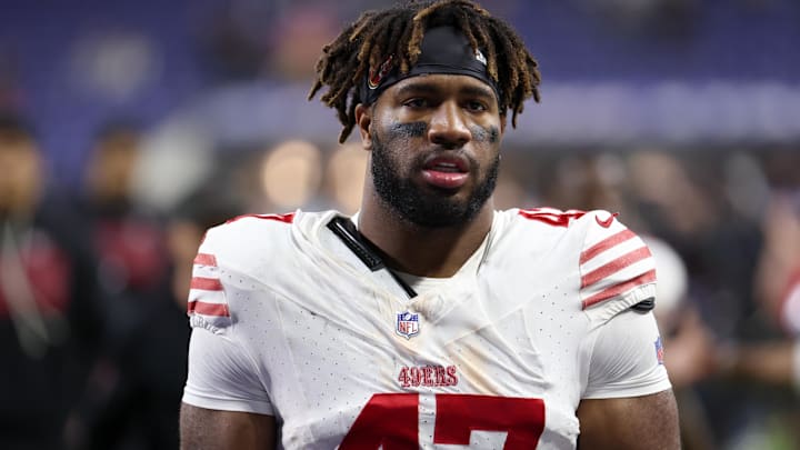 Dec 22, 2025; Indianapolis, Indiana, USA; San Francisco 49ers defensive end Bryce Huff (47) leaves the field after the game against the Indianapolis Colts at Lucas Oil Stadium. Mandatory Credit: Trevor Ruszkowski-Imagn Images