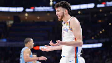 Mar 27, 2025; Oklahoma City, Oklahoma, USA; Oklahoma City Thunder forward Chet Holmgren (7) reacts after a play against the Memphis Grizzlies during the second half at Paycom Center. Mandatory Credit: Alonzo Adams-Imagn Images