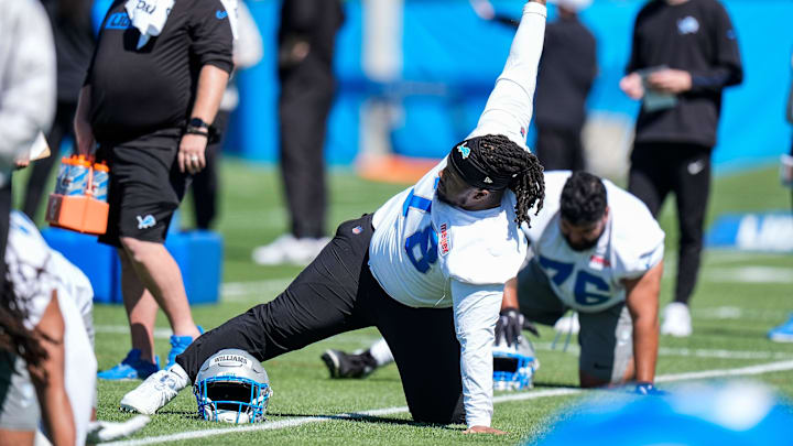 Detroit Lions defensive lineman Tyleik Williams (78) practices during rookie mini camp at Meijer Performance Center in Allen Park on Friday, May 9, 2025.