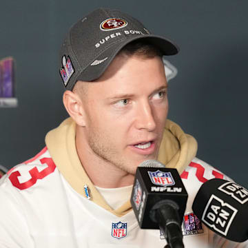 Feb 8, 2024; Las Vegas, NV, USA; San Francisco 49ers running back Christian McCaffrey (23) during a press conference before Super Bowl LVIII at Hilton Lake Las Vegas Resort and Spa. Mandatory Credit: Kyle Terada-Imagn Images