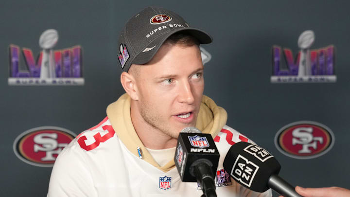 Feb 8, 2024; Las Vegas, NV, USA; San Francisco 49ers running back Christian McCaffrey (23) during a press conference before Super Bowl LVIII at Hilton Lake Las Vegas Resort and Spa. Mandatory Credit: Kyle Terada-Imagn Images