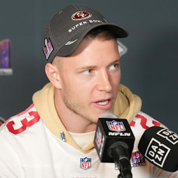 Feb 8, 2024; Las Vegas, NV, USA; San Francisco 49ers running back Christian McCaffrey (23) during a press conference before Super Bowl LVIII at Hilton Lake Las Vegas Resort and Spa. Mandatory Credit: Kyle Terada-Imagn Images