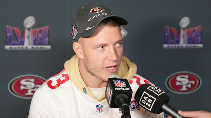 Feb 8, 2024; Las Vegas, NV, USA; San Francisco 49ers running back Christian McCaffrey (23) during a press conference before Super Bowl LVIII at Hilton Lake Las Vegas Resort and Spa. Mandatory Credit: Kyle Terada-Imagn Images