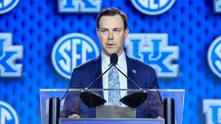 Jul 20, 2026; Tampa, FL, USA; Kentucky Wildcats head coach Will Stein speaks to the press during SEC Football Kickoff Media Day at the Tampa Marriott. Mandatory Credit: Nathan Ray Seebeck-Imagn Images