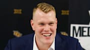 Jul 8, 2025; Frisco, TX, USA; UCF offensive lineman Paul Rubelt answers questions from the media during 2025 Big 12 Football Media Days at The Star. Mandatory Credit: Raymond Carlin III-Imagn Images