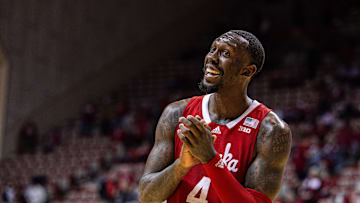 Feb 21, 2024; Bloomington, Indiana, USA; Nebraska Cornhuskers forward Juwan Gary (4) celebrates the win against the Indiana Hoosiers at Simon Skjodt Assembly Hall. Mandatory Credit: Trevor Ruszkowski-Imagn Images