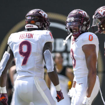 Aug 31, 2024; Nashville, Tennessee, USA;  Virginia Tech Hokies wide receiver Ali Jennings (0) scores off of a broken play against the Vanderbilt Commodores during the second half at FirstBank Stadium. Mandatory Credit: Steve Roberts-USA TODAY Sports