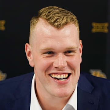 Jul 8, 2025; Frisco, TX, USA; UCF offensive lineman Paul Rubelt answers questions from the media during 2025 Big 12 Football Media Days at The Star. Mandatory Credit: Raymond Carlin III-Imagn Images