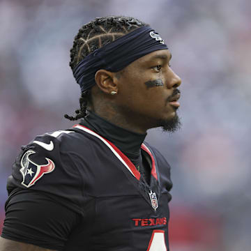 Aug 17, 2024; Houston, Texas, USA; Houston Texans wide receiver Stefon Diggs (1) before the game against the New York Giants at NRG Stadium. Mandatory Credit: Troy Taormina-Imagn Images