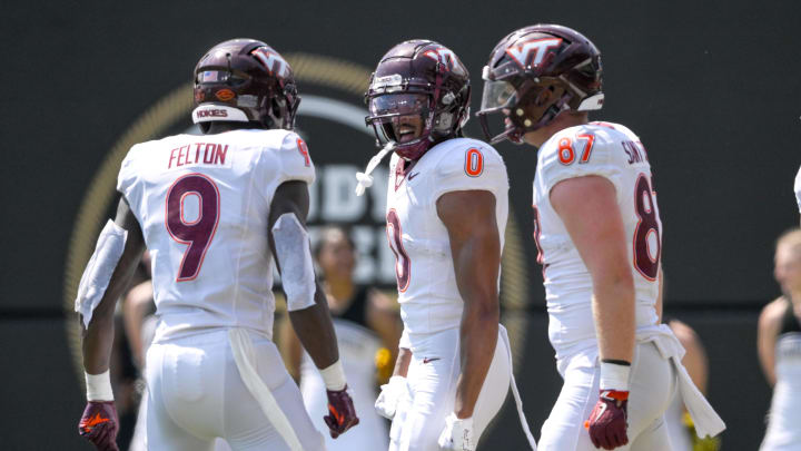 Aug 31, 2024; Nashville, Tennessee, USA;  Virginia Tech Hokies wide receiver Ali Jennings (0) scores off of a broken play against the Vanderbilt Commodores during the second half at FirstBank Stadium. Mandatory Credit: Steve Roberts-USA TODAY Sports