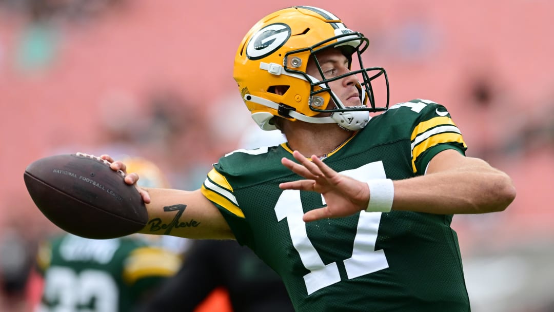 Aug 10, 2024; Cleveland, Ohio, USA; Green Bay Packers quarterback Michael Pratt (17) before the game against the Cleveland Browns at Cleveland Browns Stadium.