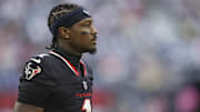 Aug 17, 2024; Houston, Texas, USA; Houston Texans wide receiver Stefon Diggs (1) before the game against the New York Giants at NRG Stadium. Mandatory Credit: Troy Taormina-Imagn Images