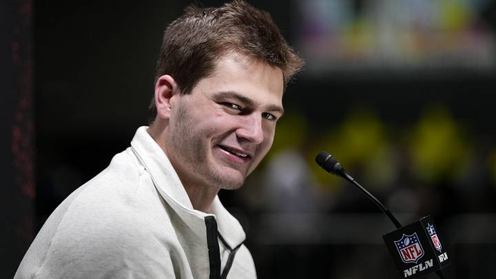 Feb 2, 2026; San Jose, CA, USA; New England Patriots quarterback Drake Maye (10) speaks to media during Opening Night for Super Bowl LX at San Jose Convention Center. Mandatory Credit: Kyle Terada-Imagn Images