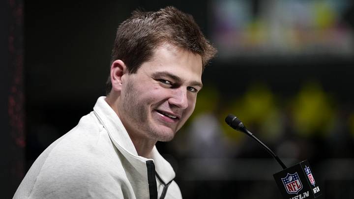 Feb 2, 2026; San Jose, CA, USA; New England Patriots quarterback Drake Maye (10) speaks to media during Opening Night for Super Bowl LX at San Jose Convention Center. Mandatory Credit: Kyle Terada-Imagn Images