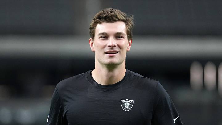 Aug 27, 2026; Paradise, Nevada, USA; Las Vegas Raiders quarterback Fernando Mendoza (15) reacts during the game against the San Francisco 49ers at Allegiant Stadium. Mandatory Credit: Kirby Lee-Imagn Images