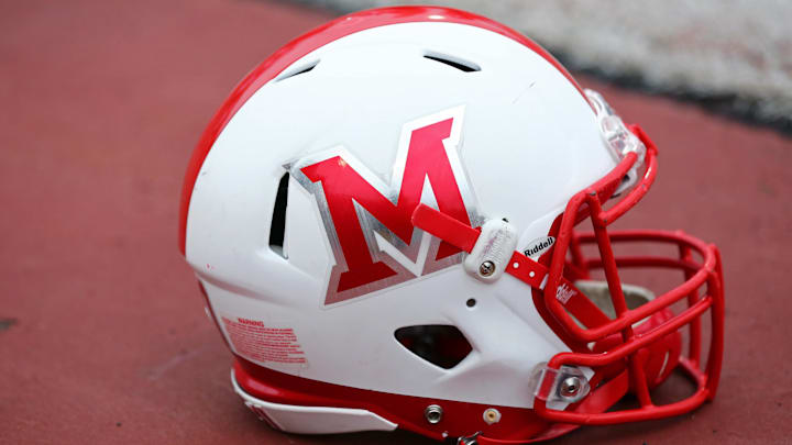 Sep 17, 2016; Oxford, OH, USA; A view of a Miami (Oh) Redhawks helmet at Fred Yager Stadium. Western Kentucky won 31-24. Mandatory Credit: Aaron Doster-Imagn Images