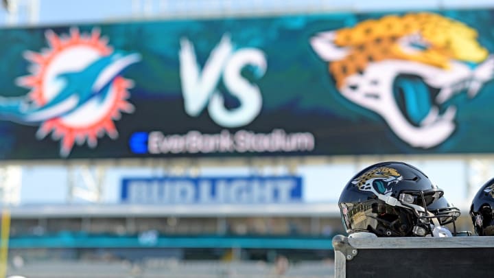 Aug 26, 2023; Jacksonville, Florida, USA; A general view of the Jacksonville Jaguars helmet in front of the jumbotron before a game against the Miami Dolphins at EverBank Stadium.