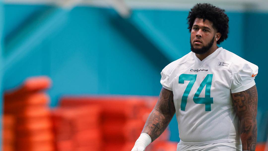 Miami Dolphins guard Kadyn Proctor (74) looks on during rookie minicamp at the Baptist Health Training Complex.