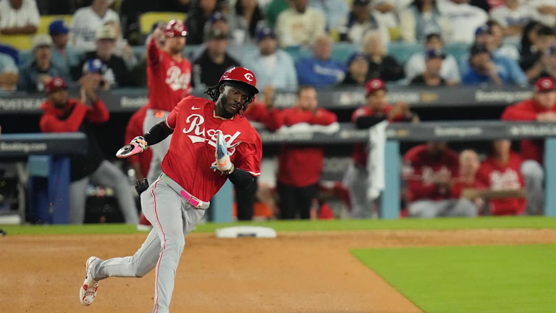 Cincinnati Reds shortstop Elly De La Cruz rounds second and would go on to score on Tyler Stephenson's double in the seventh inning against the Dodgers in a National League wild card series game in Los Angeles on Sept. 30. Cincinnati Reds shortstop Elly De La Cruz rounds second and would go on to score on Tyler Stephenson's double in the seventh inning against the Dodgers in a National League wild card series game in Los Angeles on Sept. 30.