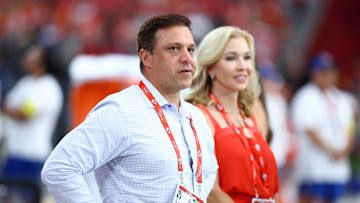 Aug 9, 2025; Glendale, Arizona, USA; Kansas City Chiefs general manager Brett Veach against the Arizona Cardinals during a preseason NFL game at State Farm Stadium. Mandatory Credit: Mark J. Rebilas-Imagn Images