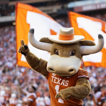 Dec 21, 2024; Austin, Texas, USA; Texas Longhorns mascot Hook ‘Em during the CFP National playoff first round at Darrell K Royal-Texas Memorial Stadium. Mandatory Credit: Mark J. Rebilas-Imagn Images