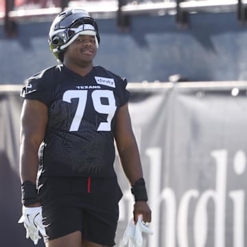 Jul 23, 2025; Houston, TX, USA;  Houston Texans offensive tackle Aireontae Ersery (79) during training camp at Houston Methodist Training Center. Mandatory Credit: Troy Taormina-Imagn Images