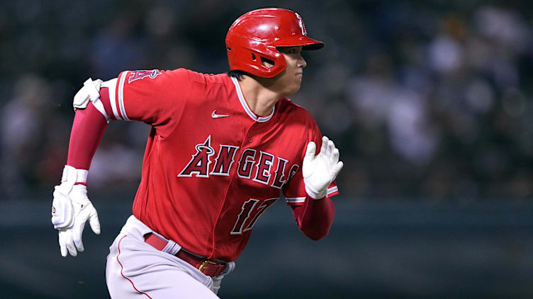 Oct 3, 2022; Oakland, California, USA; Los Angeles Angels designated hitter Shohei Ohtani (17) runs